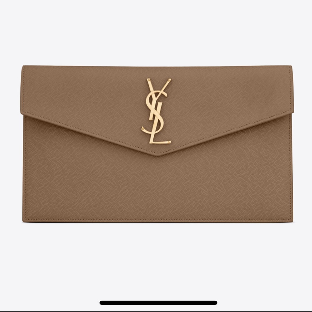 YSL UPTOWN POUCH IN GRAIN DE POUDRE EMBOSSED LEATHER TAUPE